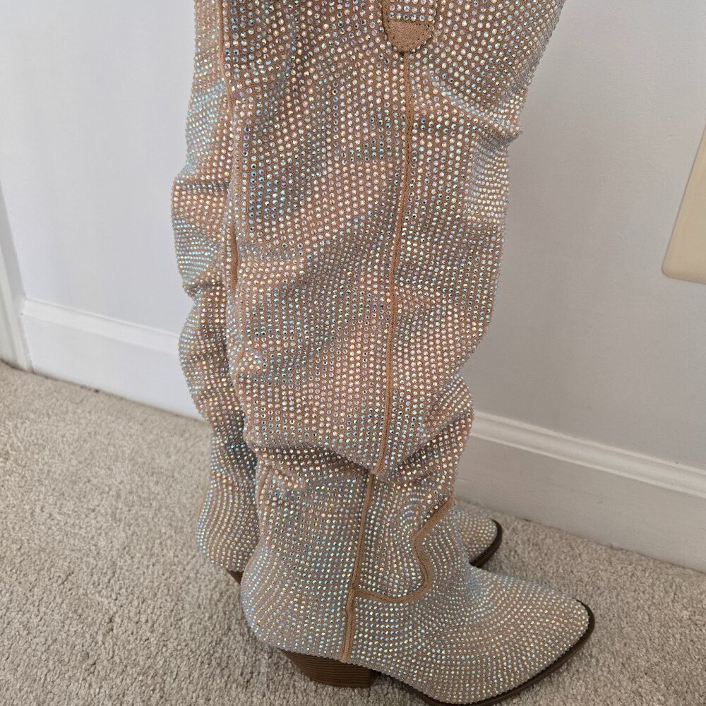 Embellished Cream Rhinestone Knee-High Boots